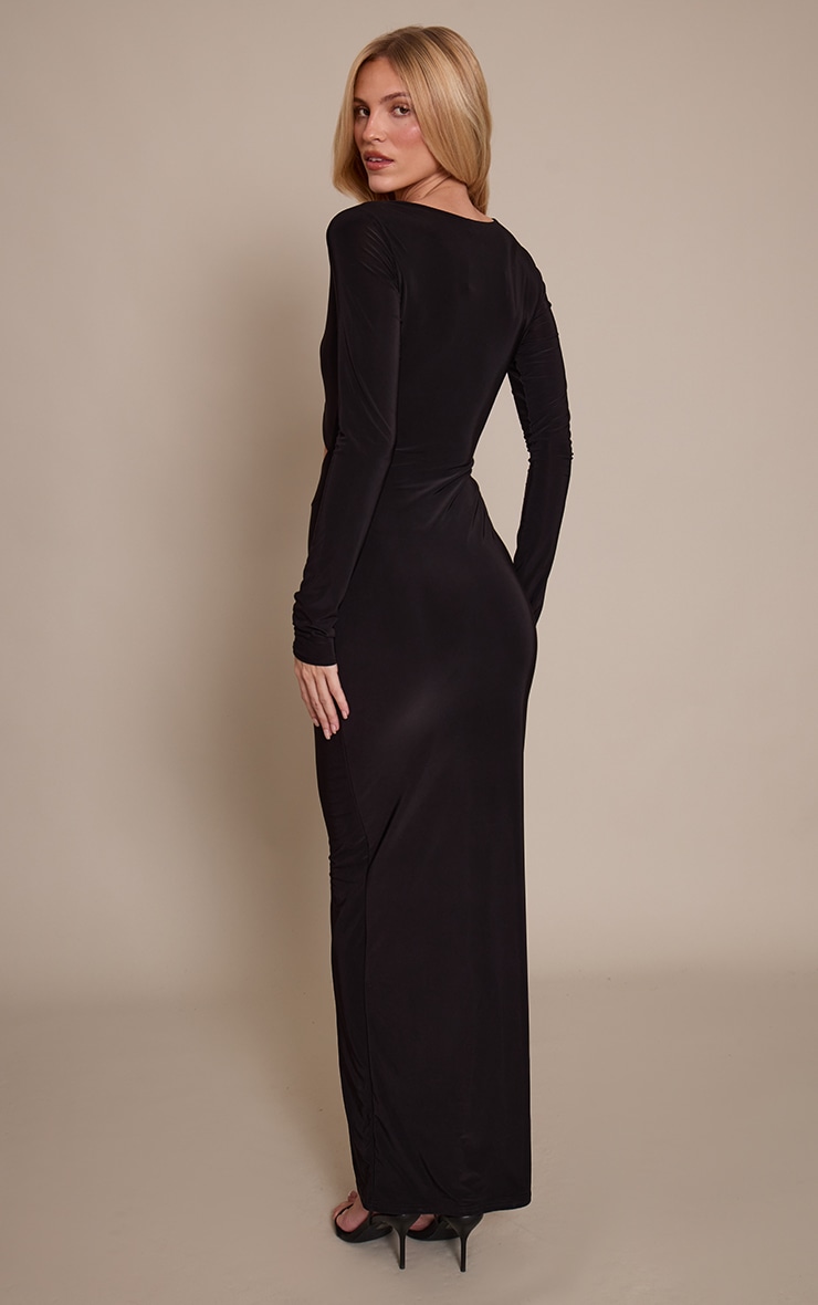 Black Double Layer Slinky Long Sleeve Trim Detail Cut Out Maxi Dress image 2