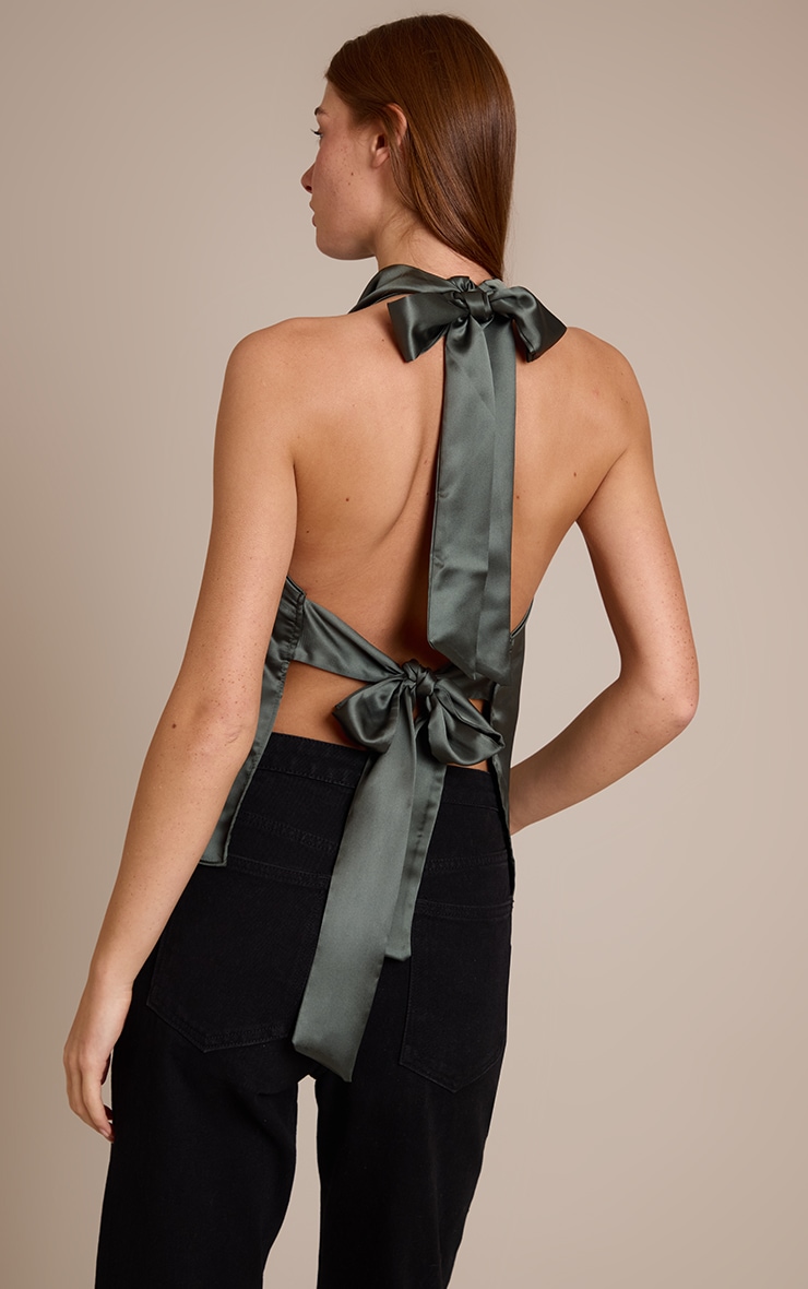 Dark Khaki Satin Halterneck Tie Back Top image 2