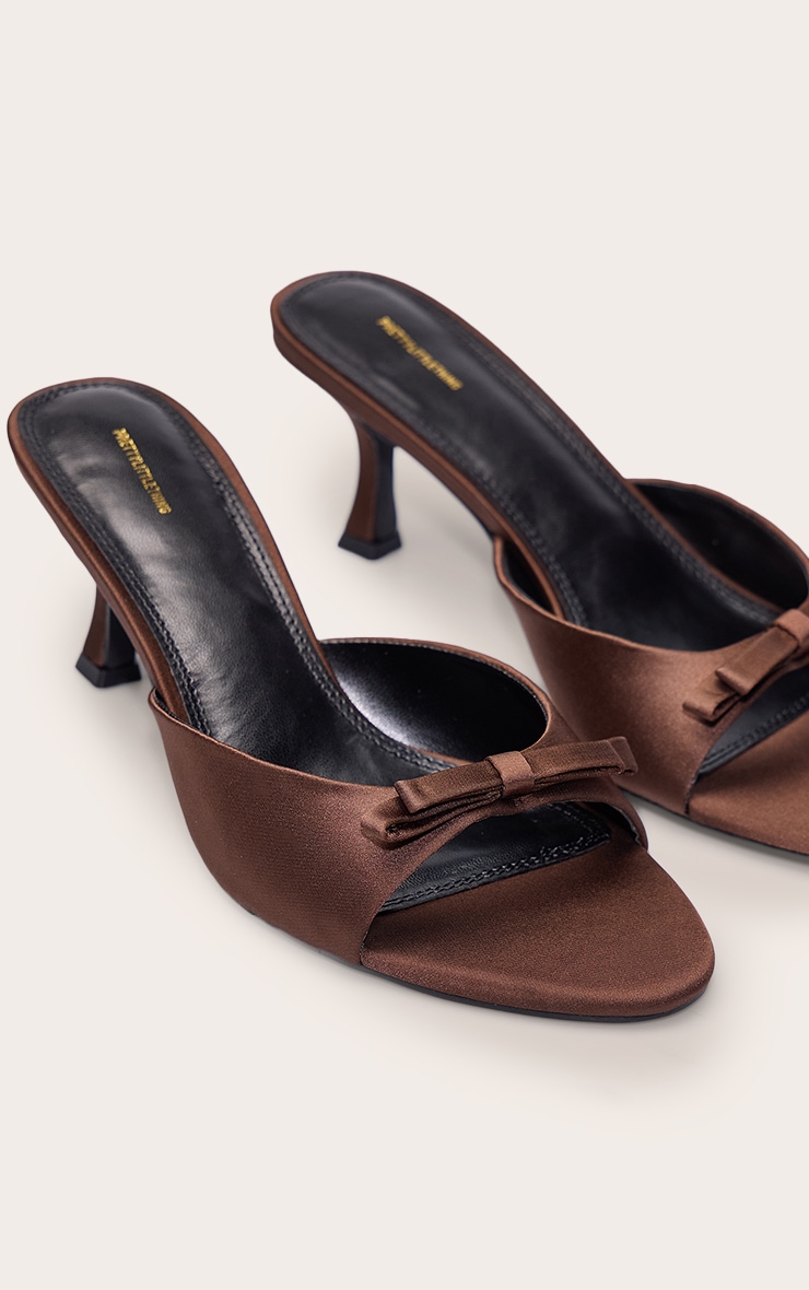 Chocolate Satin Round Toe Bow Strap Low Heel Open Toe Mules image 5