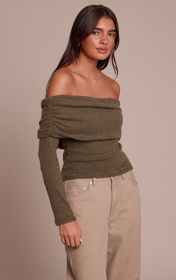 Top en effet laine texturé vert olive à détail replié et manches longues
