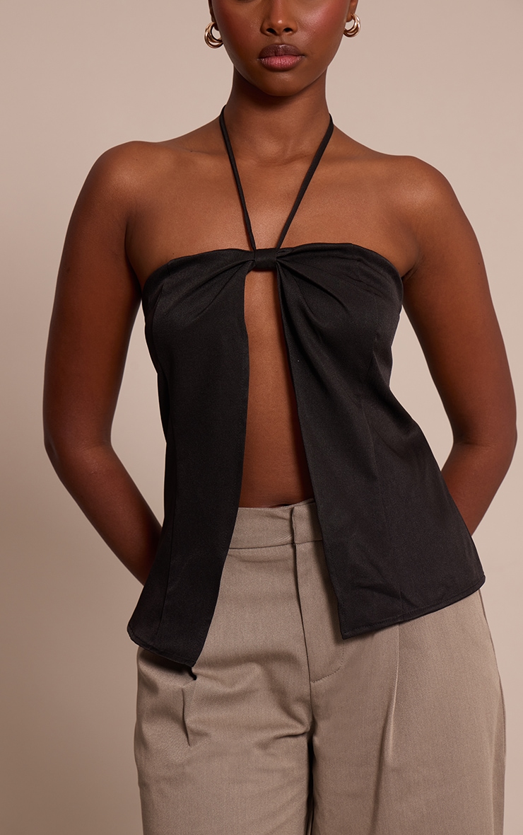 Black Woven Spilt Detail Halterneck Top image 4