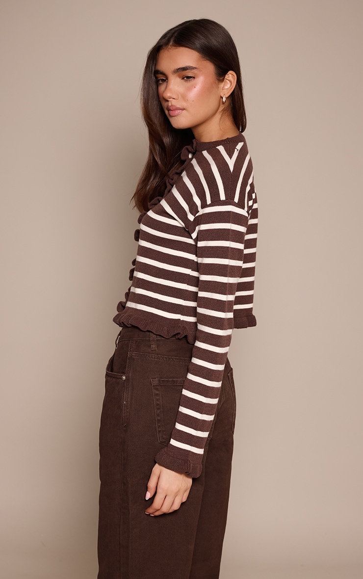 Chocolate Striped Frill Hem Knitted Cardigan  image 2