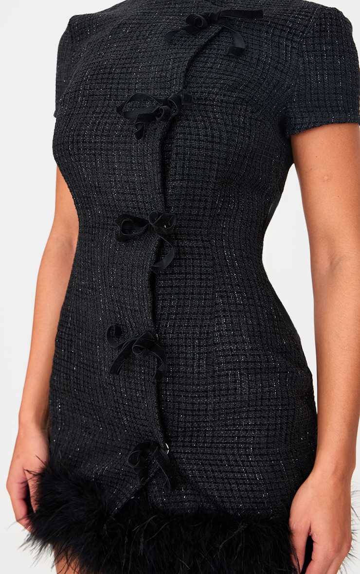 Black Glitter Boucle Feather Trim Mini Dress image 4