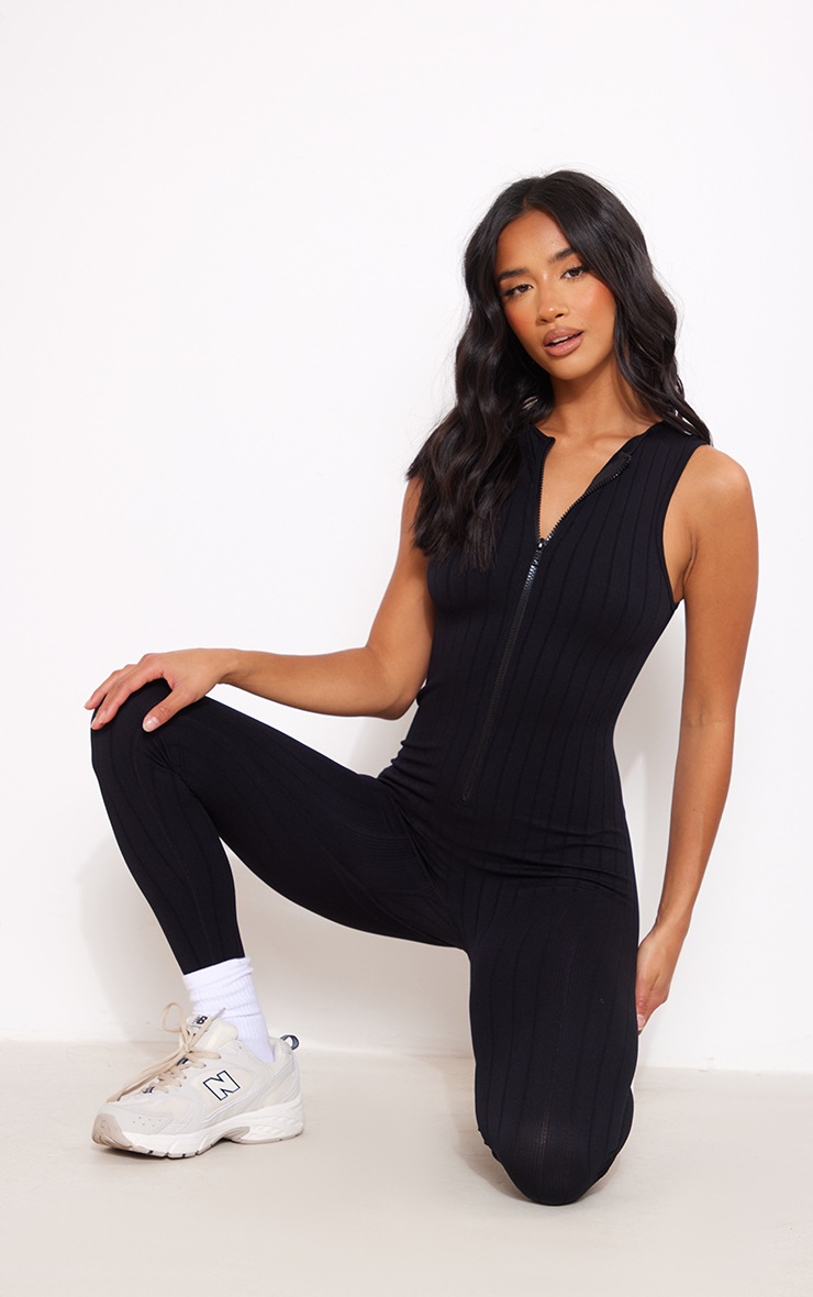 Petite Black Structured Snatched Rib Racer Jumpsuit image 3
