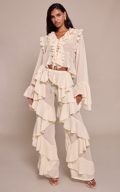 Cream Chiffon Frill Straight Leg Pant
