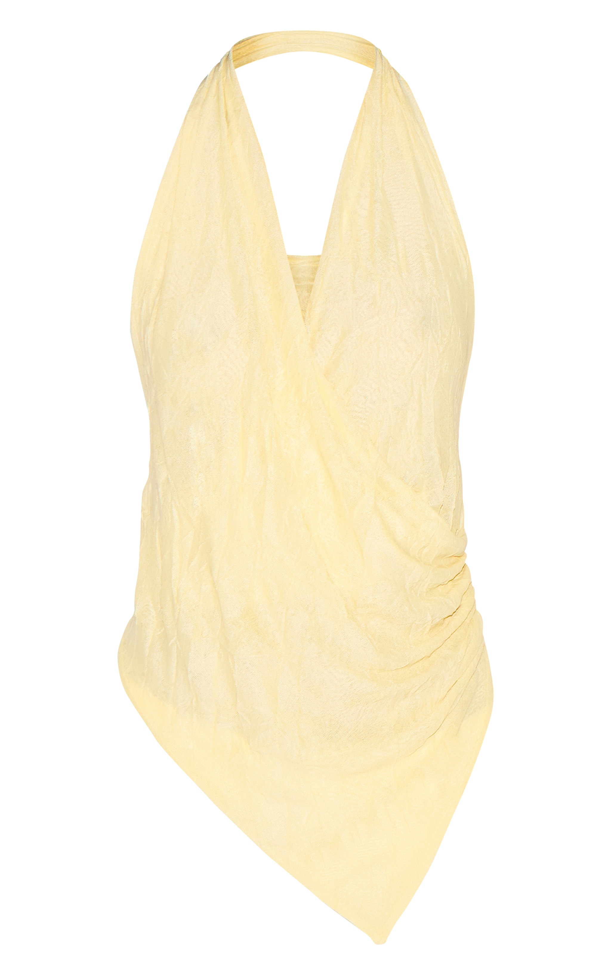 Butter Yellow Double Layer Crinkle Mesh Halter Neck Drapey Long Top image 5