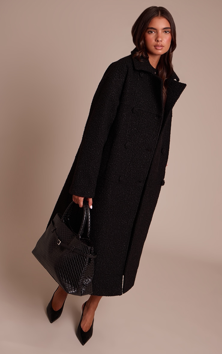 Black Boucle Double Breasted Maxi Coat image 3