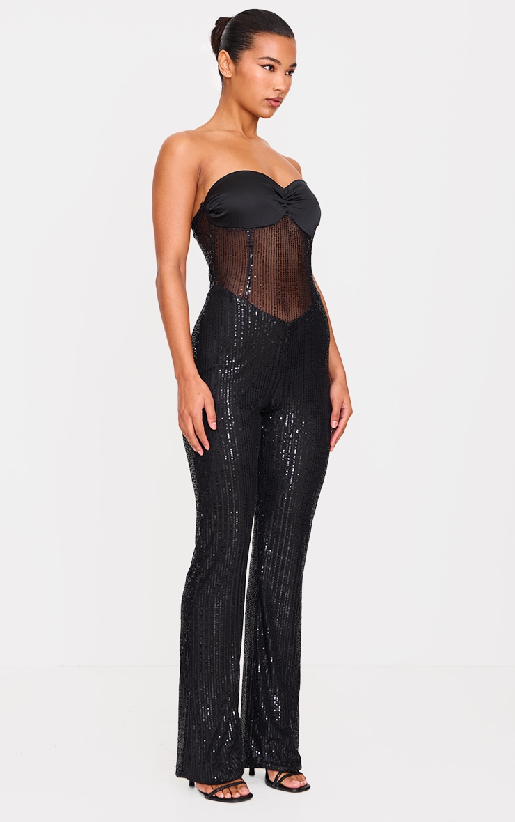 Black Sequin Bandeau Sheer Panel Jumpsuit image 3