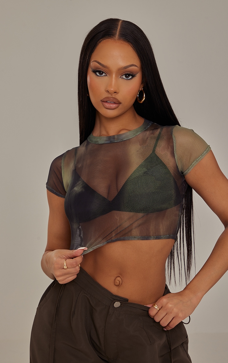 Khaki Print Mesh Crop Top image 1