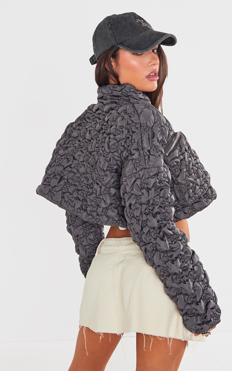 Charcoal Bubble Textured Cropped Puffer Coat image 2