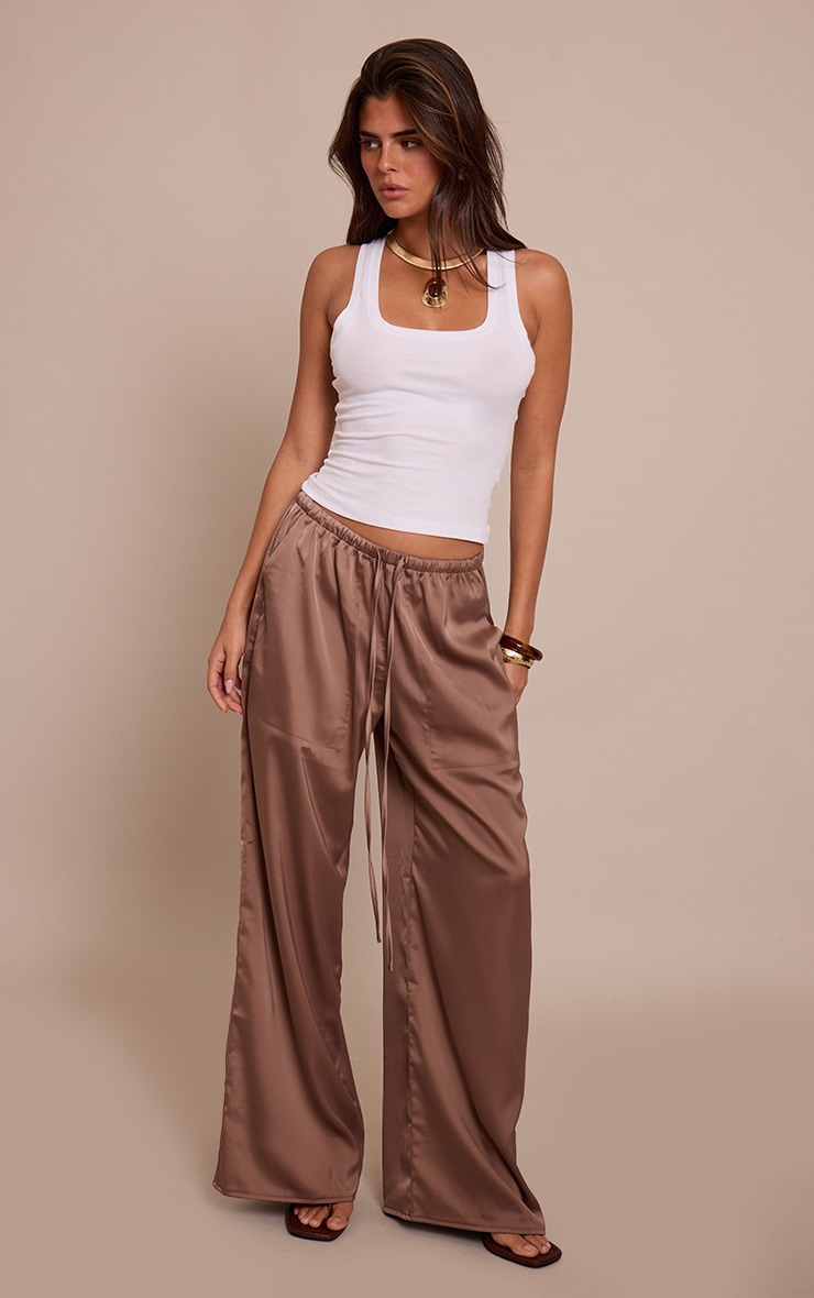 Mushroom Satin Low Rise Wide Leg Drawstring Trousers