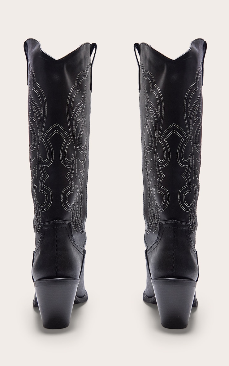 Black PU Point Toe Calf High Western Boots image 3