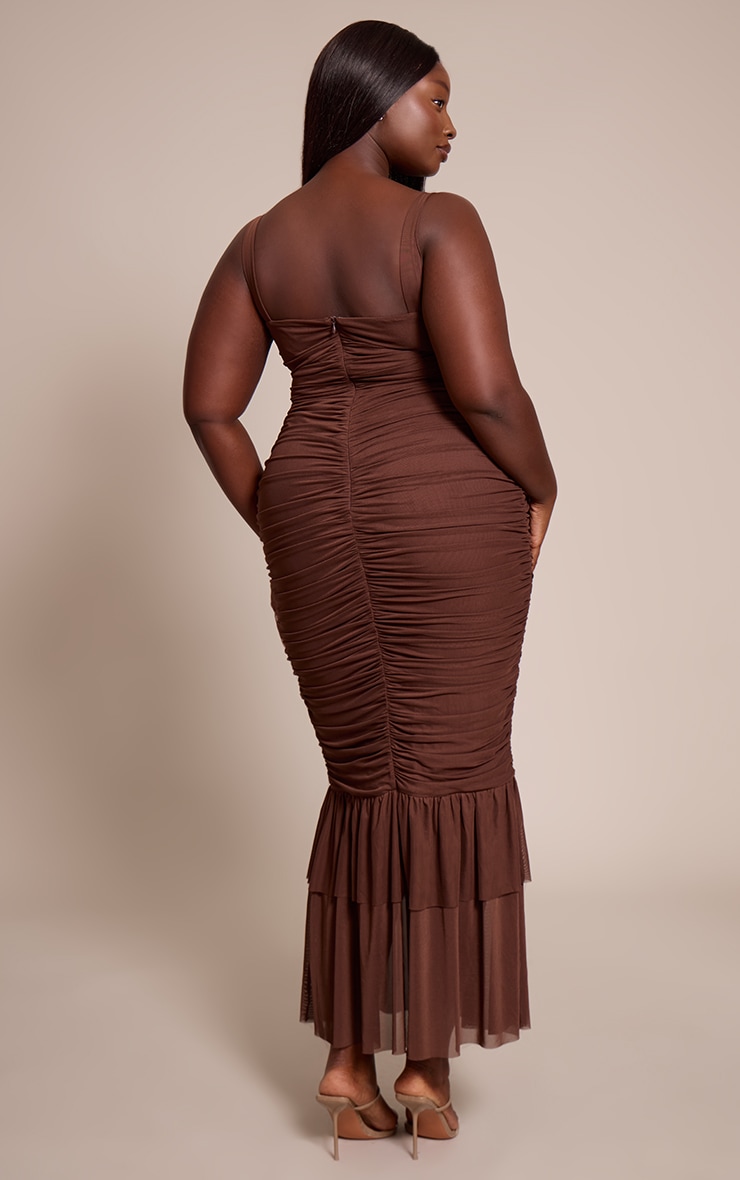 Plus Chocolate Mesh Plunge Neck Ruched Midaxi Dress image 2