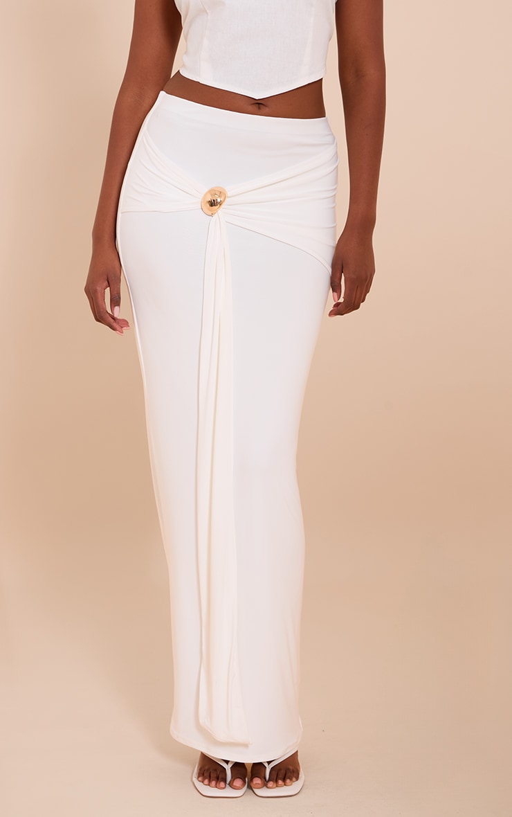 Cream Double Layer Trim Detail Slinky Maxi Skirt image 2