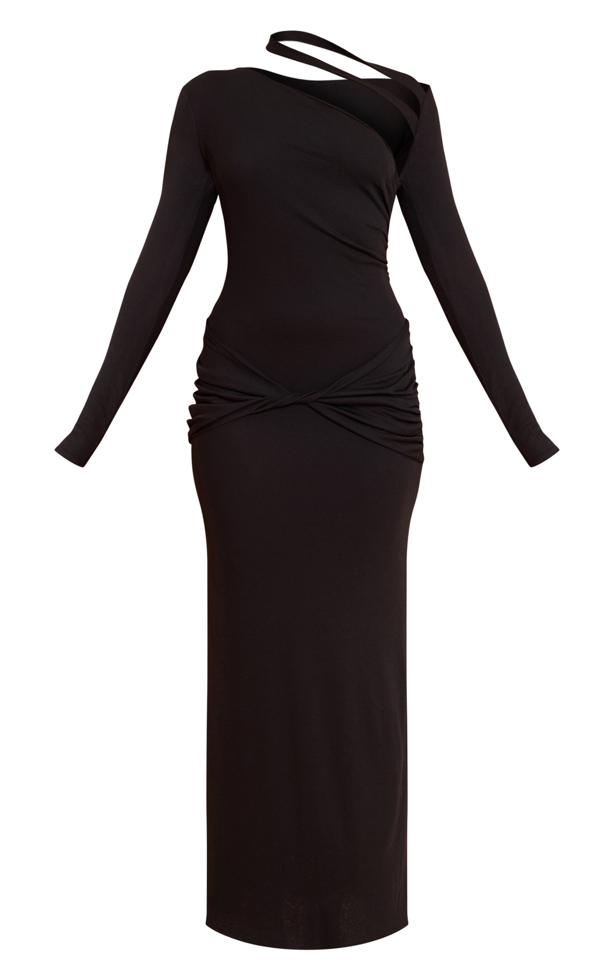 Black Burnout Mesh Ruched Asymmetric Maxi Dress image 5