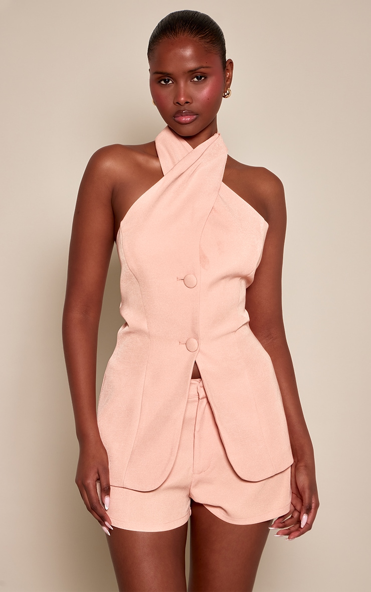 Peach Twist Halter Button Detail Vest