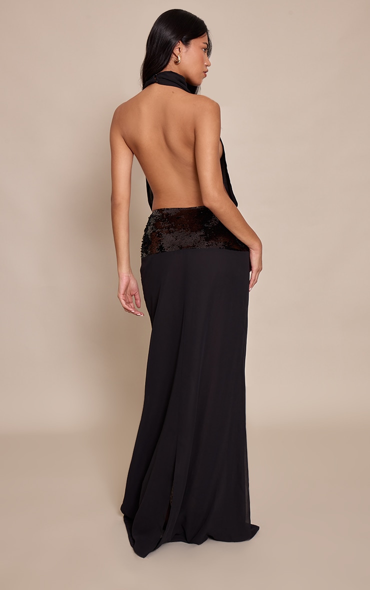 Black Chiffon High Neck Cowl Sequin Panel Maxi Dress image 2