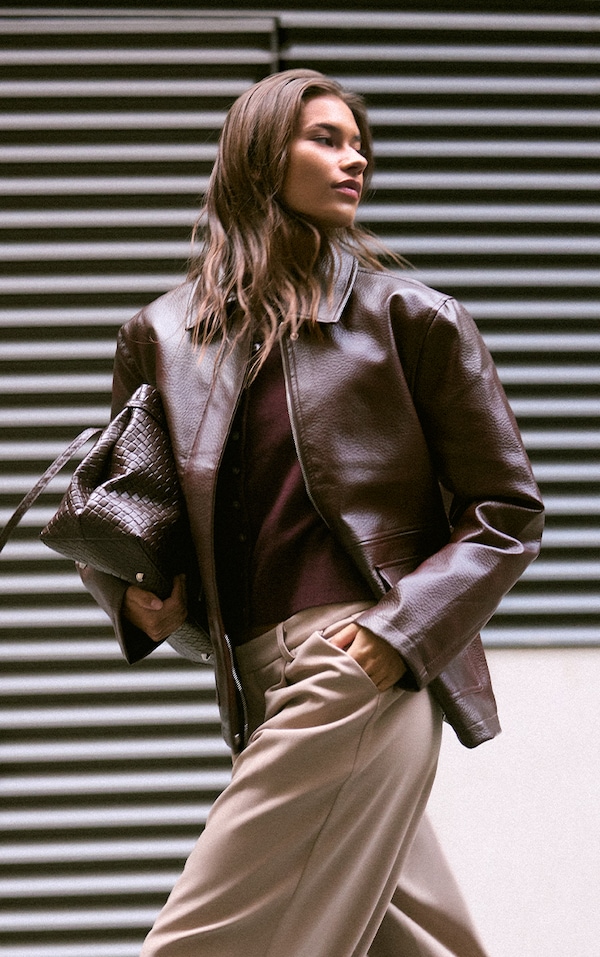 Veste oversized en PU couleur chocolat