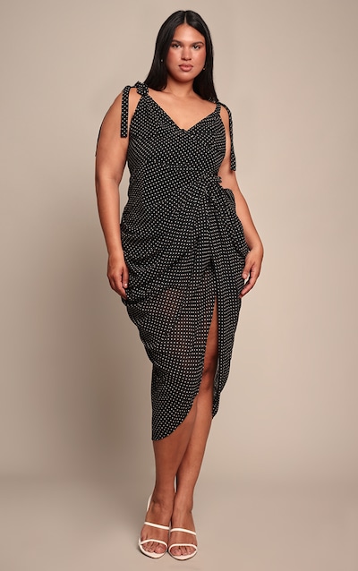 Plus Black Polka Dot Underwire Detail Draped Midi Dress