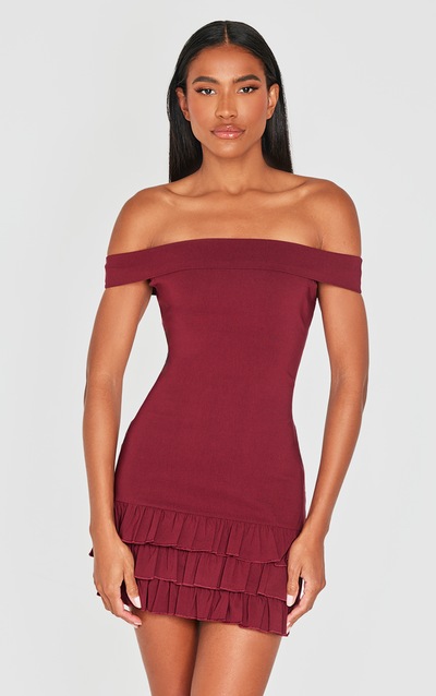 Wine Bardot Tiered Shift Dress