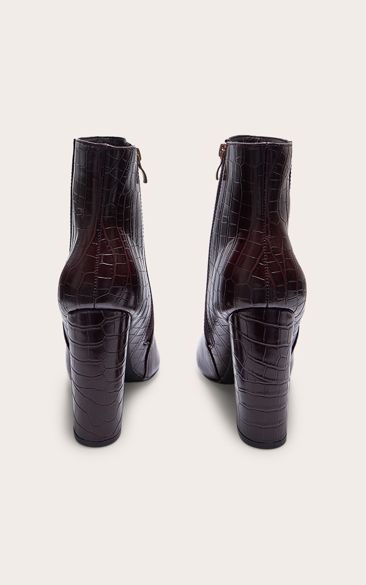 Burgundy Croc PU Block Heel Ankle Boots image 3