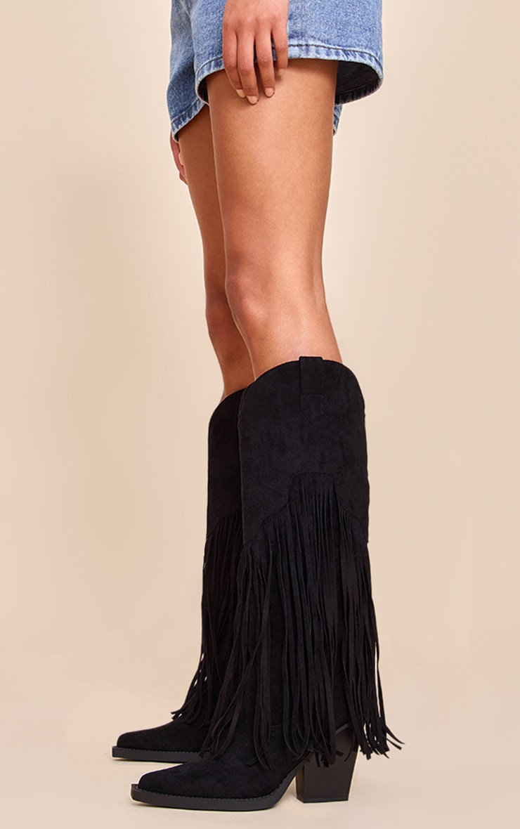Santiags hautes ponitues en suédine noire à talon et franges image 1