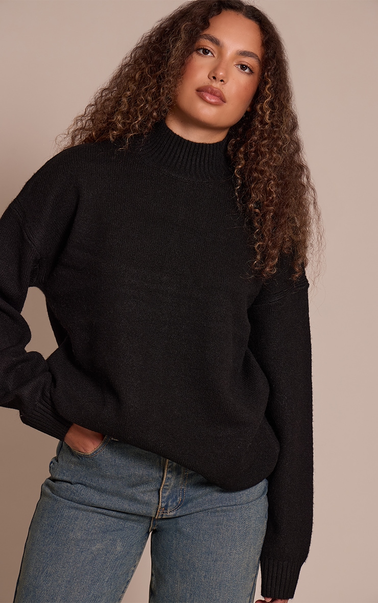 Tall Black Knit Oversized Polo Neck Jumper Tall PLT