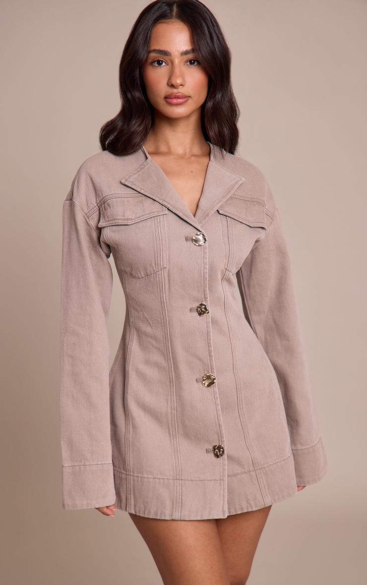 Petite Mushroom Button Detail Long Sleeve Denim Dress image 1
