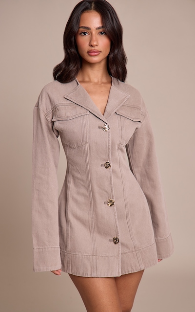 Petite Robe en jean gris champignon à manches longues et boutons