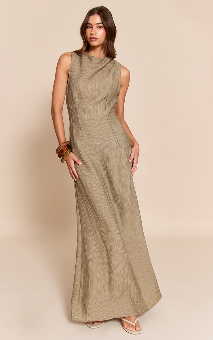 Khaki Textured Boat Neck Maxi Dress image 1
