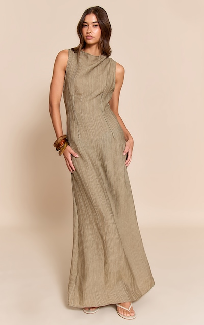Robe longue texturée kaki à col bateau
