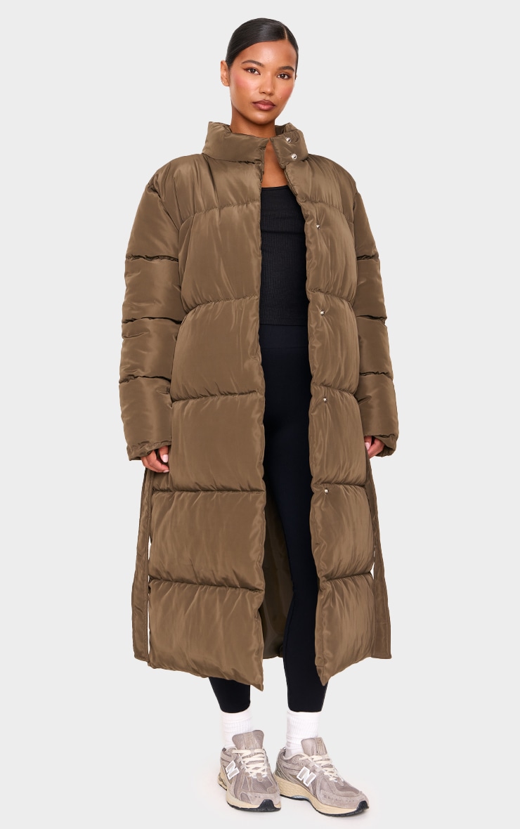 Khaki Quilted Longline Tie Waist Puffer Coat image 3