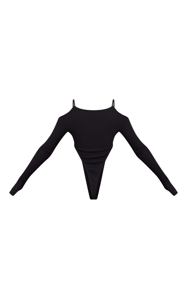 Black Marl Rib Halter Plunge Long Sleeve Bodysuit PrettyLittleThing USA