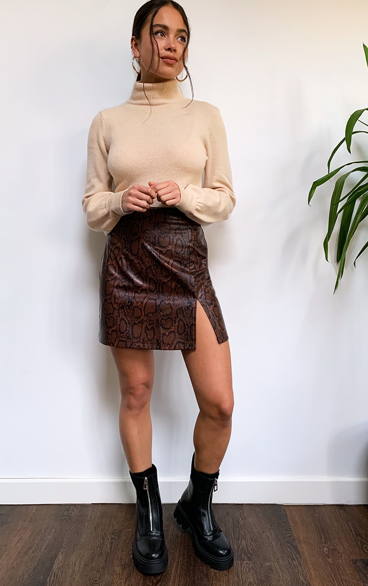 Brown Snake Faux Leather Split Front Mini Skirt