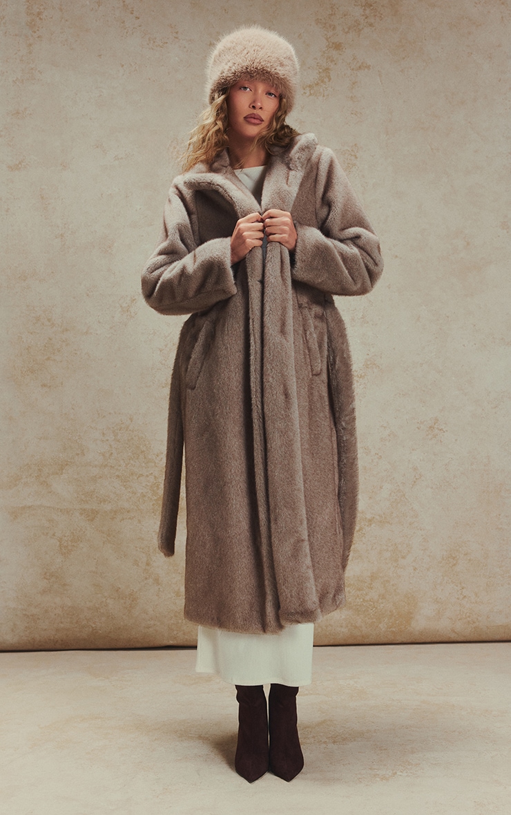 Grey Faux Fur Funnel Neck Maxi Coat