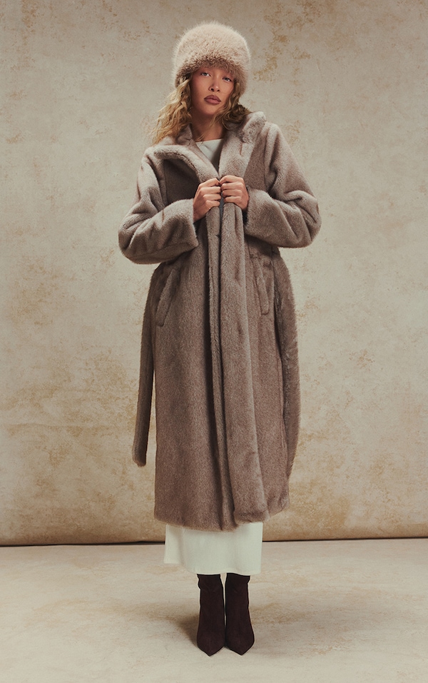 Grey Faux Fur Funnel Neck Maxi Coat