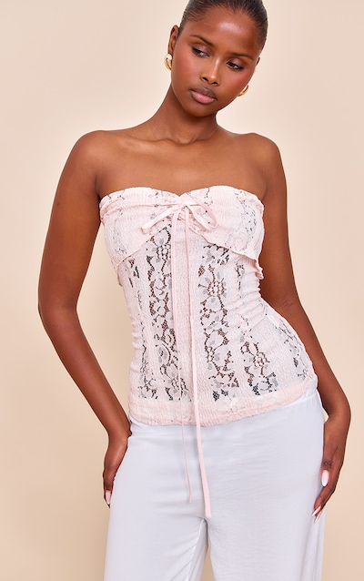 Top bustier long ajusté en dentelle rose pâle