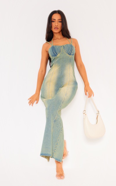 Petite Vintage Wash Denim Strappy Cup Detail Midaxi Dress