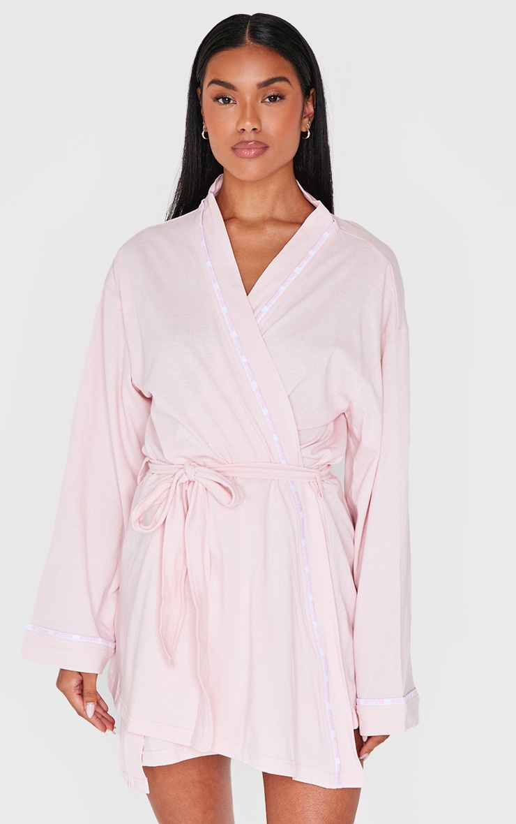 PRETTYLITTLETHING Pink Piping Jersey Robe