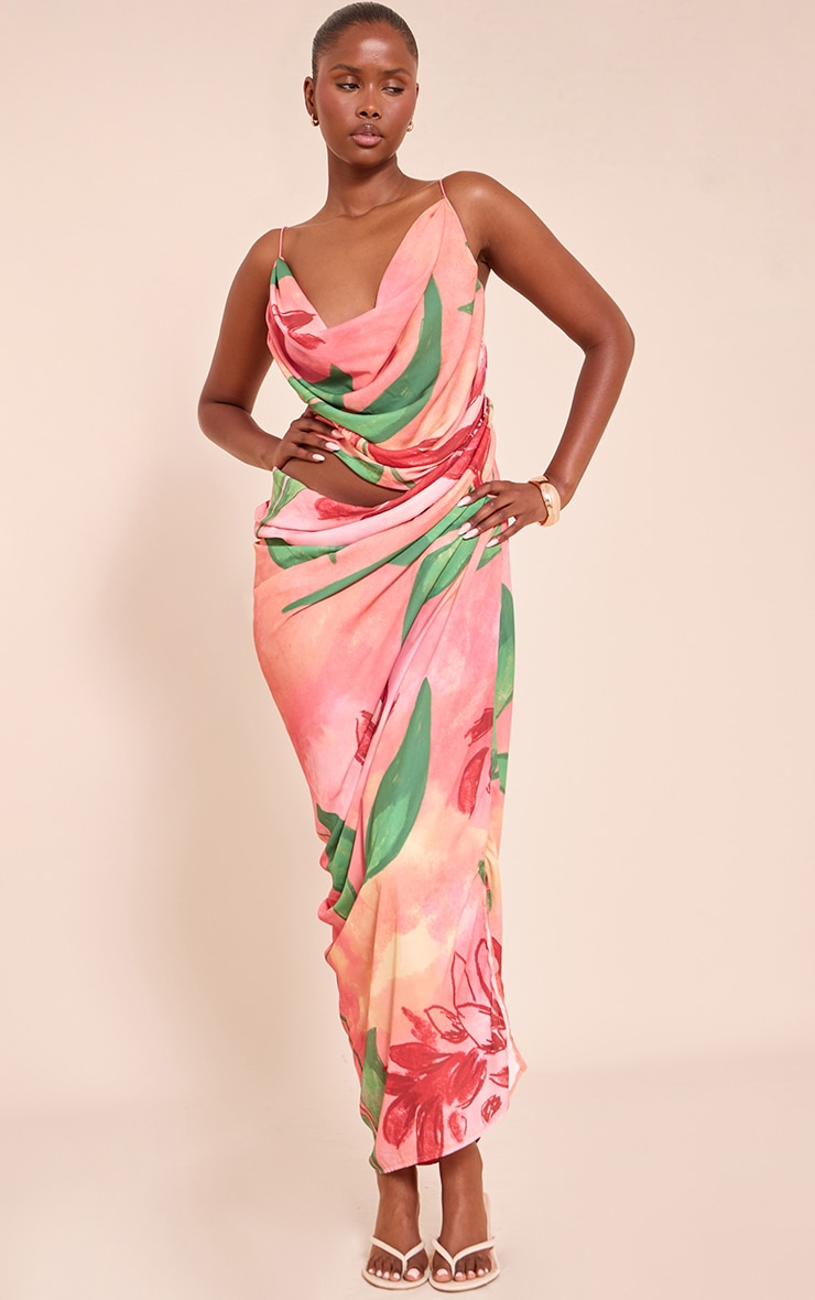 Orange Floral Chiffon Drape Cut Out Midaxi Dress image 1