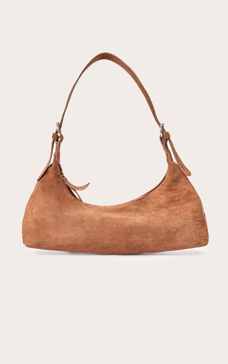 Tan Suede Elongated Curved Shoulder Bag image 5