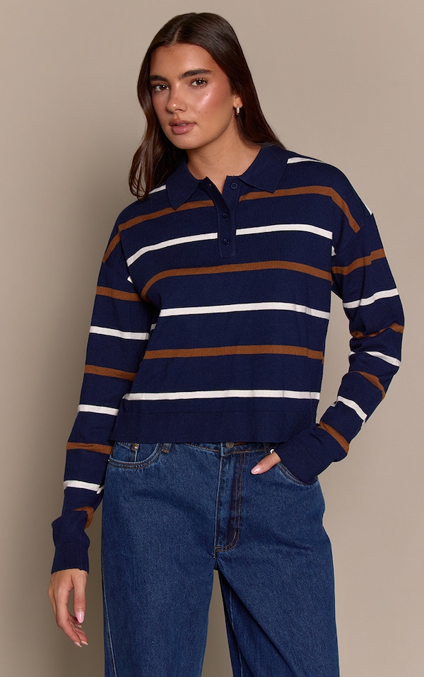 Navy Stripe Polo Knit Long Sleeve Rugby Top 