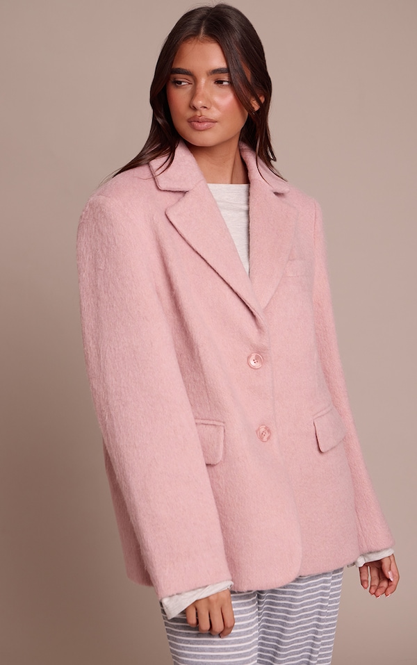 Pink Brushed Wool Look Oversized Blazer