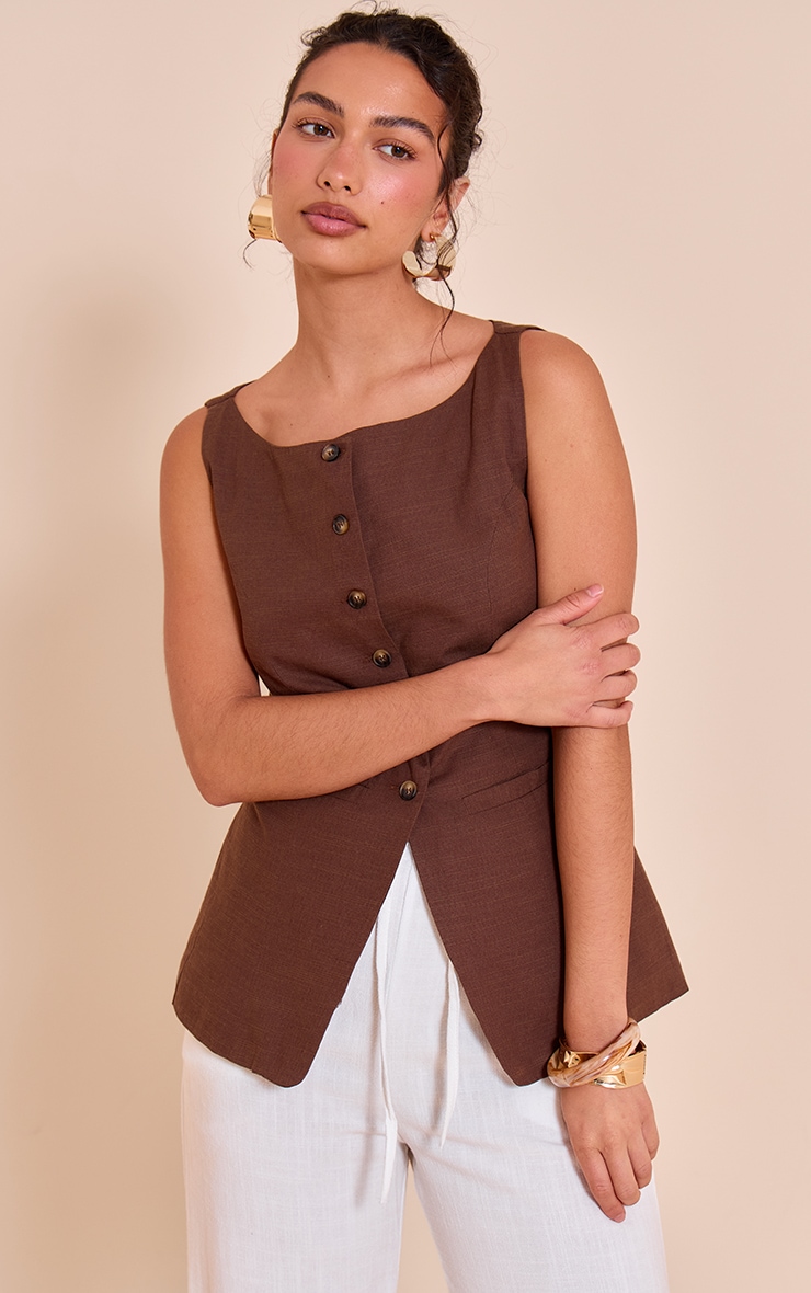Chocolate Square Neck Linen Look Longline Waistcoat image 1