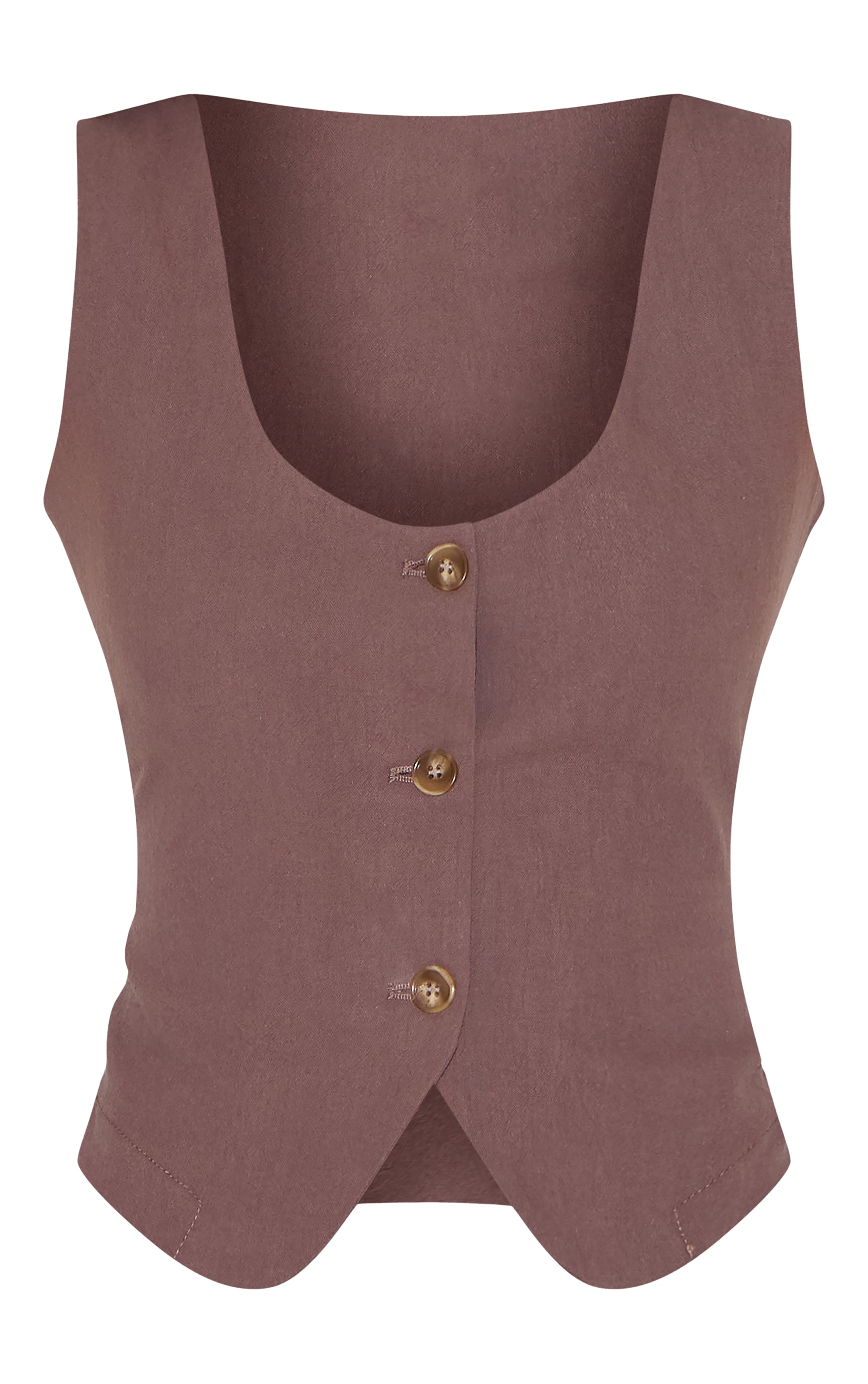 Dark Brown Linen Look Tailored Scoop Neck Fitted Vest image 5