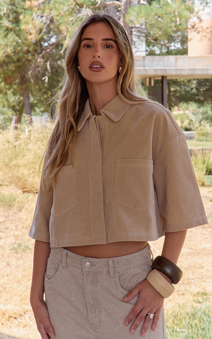 Sand Faux Suede Oversized Cropped Shirt image 3