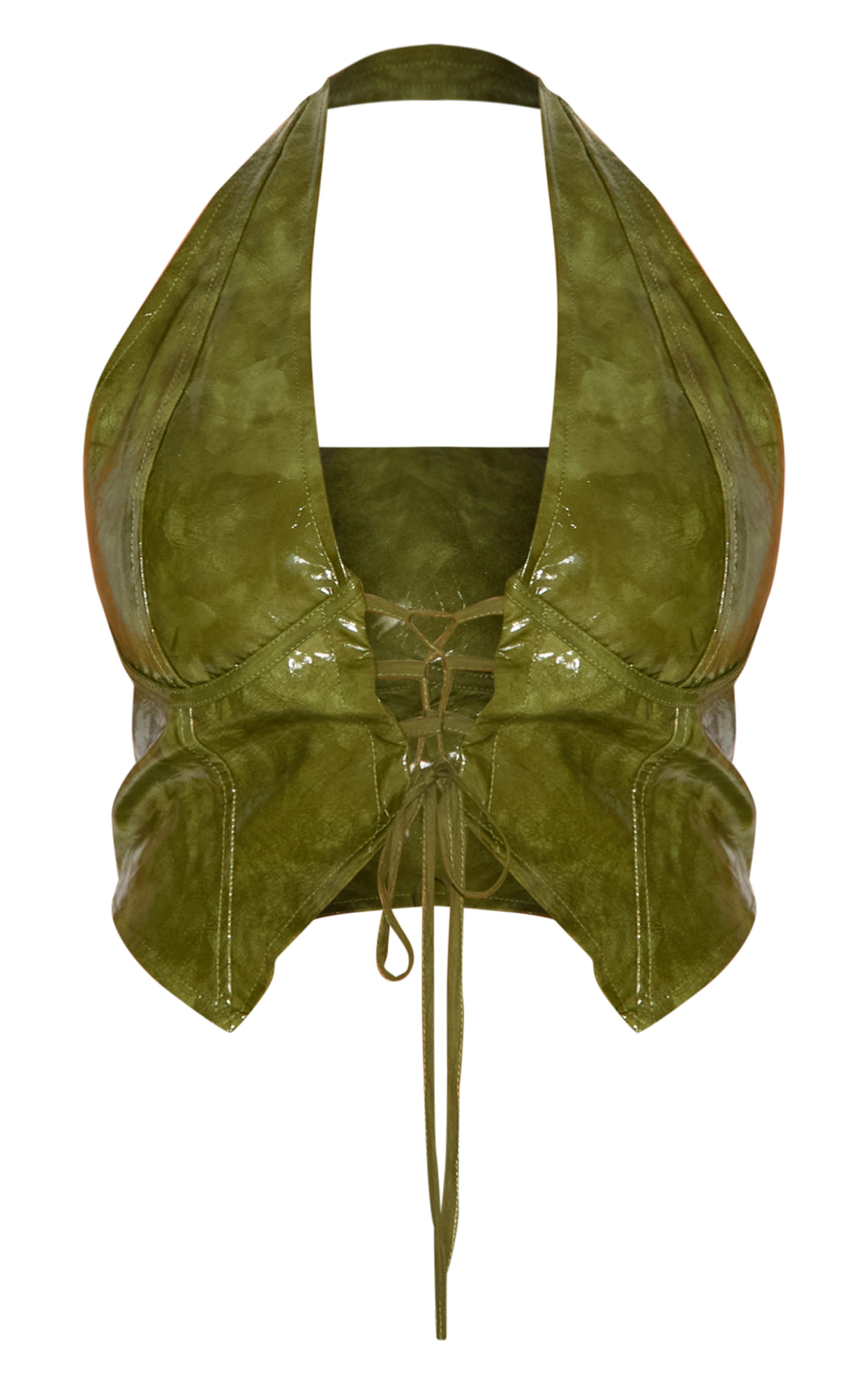 Plus Olive Washed Faux Leather Lace Up Plunge Halterneck Top image 5