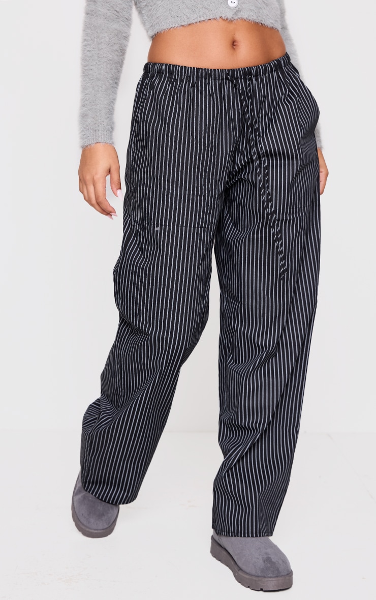 Petite Black Pinstripe Woven Drawstring Waist Low Rise Pants image 2