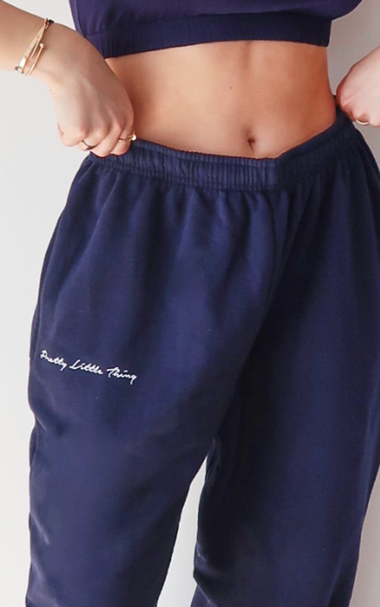 PRETTYLITTLETHING Navy Embroidered Sweat Cuffed Track Pants image 4