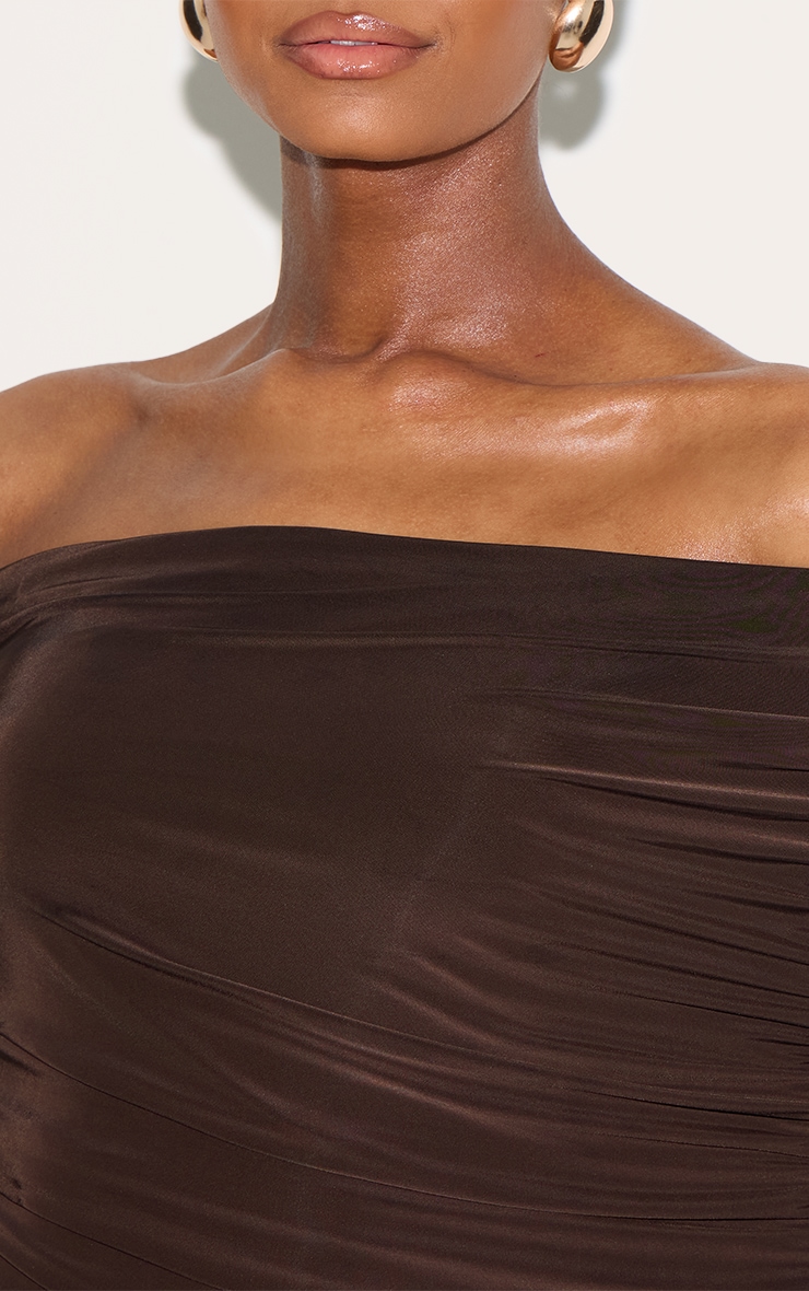 Chocolate Brown Double Layer Slinky Bardot One Shoulder Ruched Maxi Dress image 4